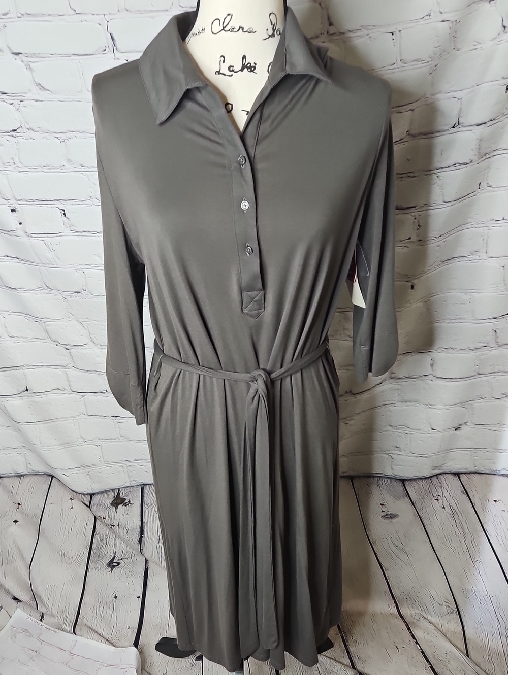 Merona Dark Gray/Olive Collared Midi Shirt Dress Tie Waist New with tags Size L